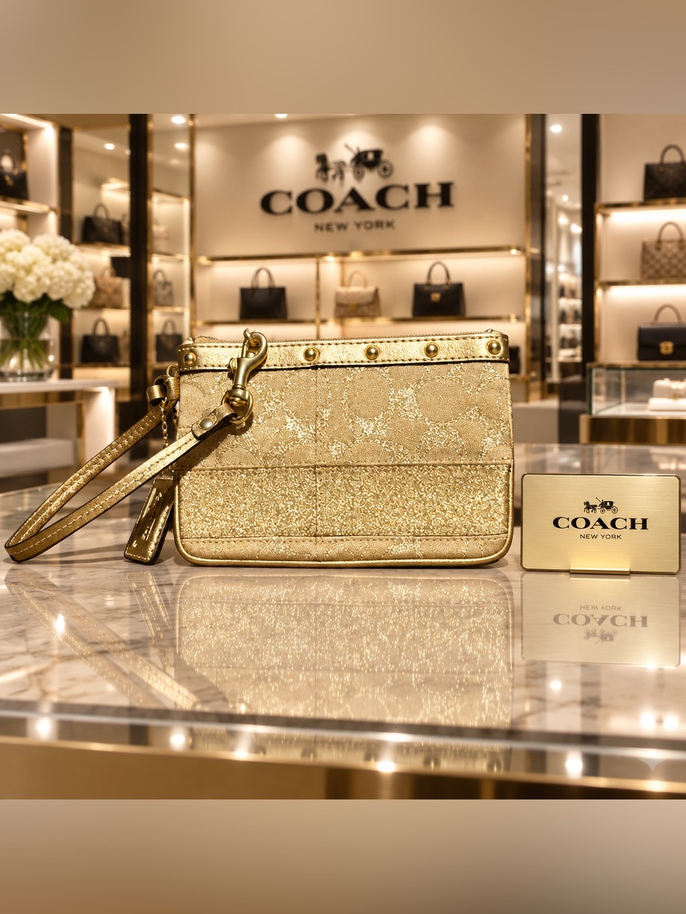 EUC Coach Signature Stripe Studded Gold Metallic Lurex & Leather WRISTLE